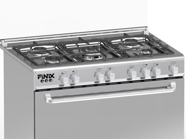 Cuisinière à Gaz F 5 Feux 90x60 Inox avec Four 130L, Rôtissoire et Minuterie – G95ND-M (62V12T2G1X)