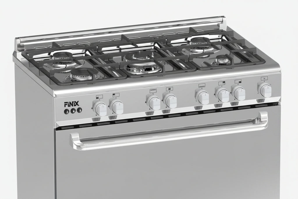 Cuisinière à Gaz F 5 Feux 90x60 Inox avec Four 130L, Rôtissoire et Minuterie – G95ND-M (62V12T2G1X)