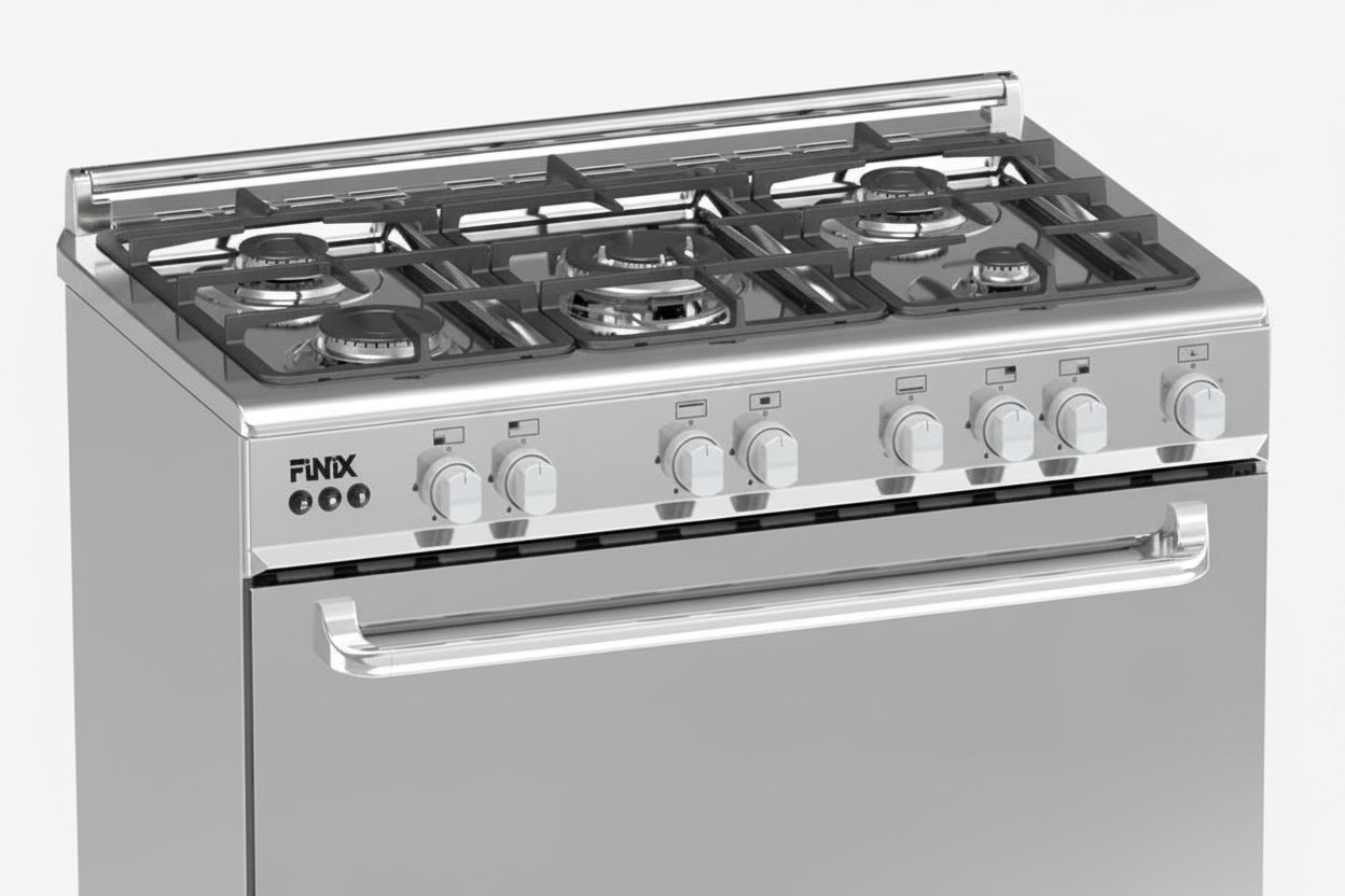 Cuisinière à Gaz F 5 Feux 90x60 Inox avec Four 130L, Rôtissoire et Minuterie – G95ND-M (62V12T2G1X)
