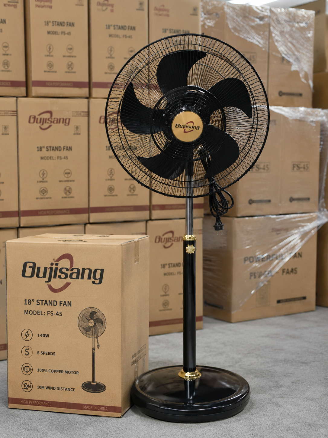 Ventilateur Commercial Sur Pied Oujisang FS-45 – 18 Pouces | 140W | 5 Vitesses
