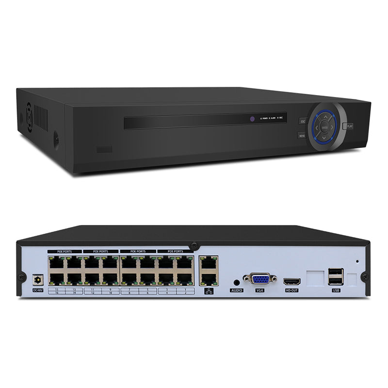 NVR XM 4K 36CH - vue de côté et face arrière avec 16 ports POE