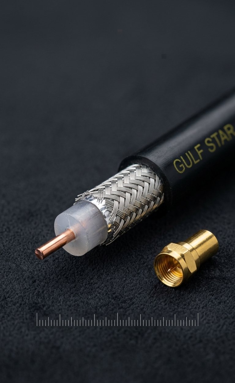 Câble coaxial Gulf Star RG-59+2C - gros plan sur la structure interne et connecteur F doré