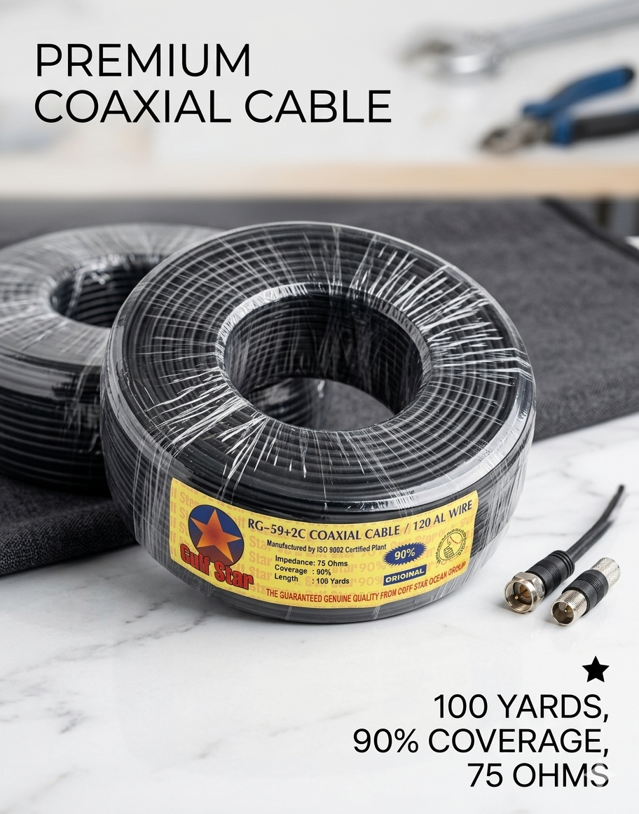 Câble coaxial Gulf Star RG-59+2C - deux bobines empilées avec étiquette technique