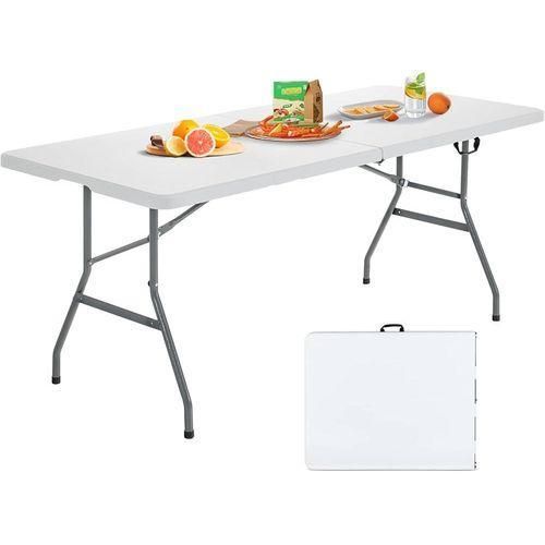 Table pliante 180cm - vue pliée et dépliée avec structure métal